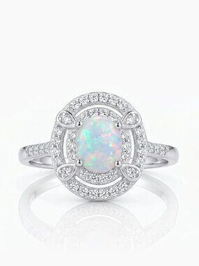 Oval Halo Opal ring, size 7, 925 Sterling Silver Charmed Aroma